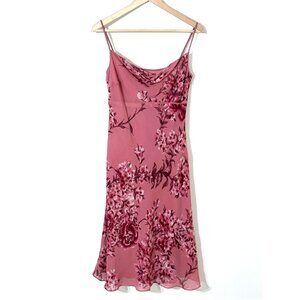 Vtg Y2K Ann Taylor Pink Floral Silk Babydoll Dress Cowl Neck Feminine Coquette